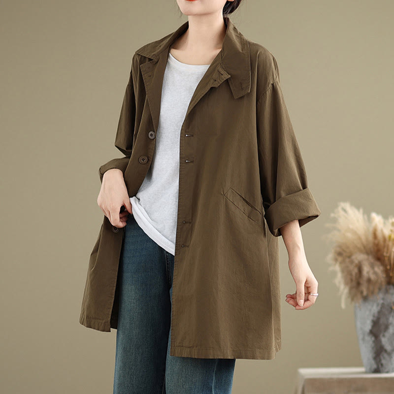 Spring Plain Buttons Design Long Sleeve Women's Cotton Linen Jacket With Pockets - Image 17