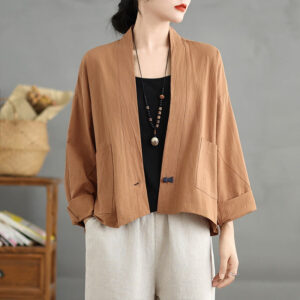 Casual Vintage Plain Long Sleeve Open Front Cardigan Cotton Linen Jacket With Pockets