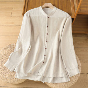 Spring Solid Color Simple Hem Slit Design Cotton Linen Women's Shirt