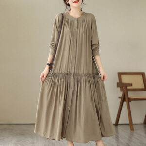 Casual Plain Crew Neck Pleated Polyester Midi Dress With Pockets