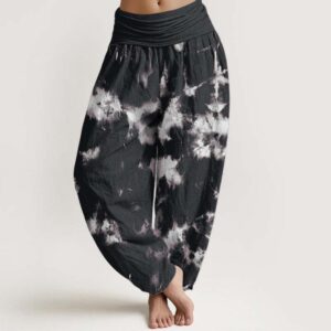 Pure Cotton White Lines Spots Tie-Dye Pattern Women's Elastic Waist Harem Pants