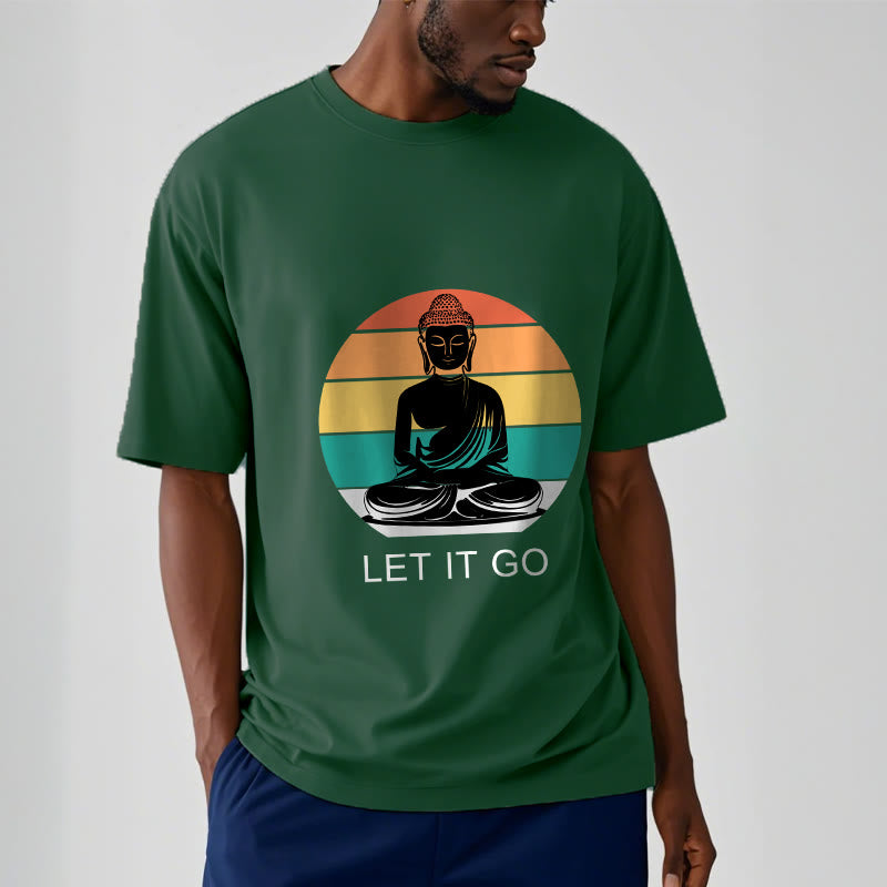 Casual Colorful Striped Background Meditating Buddha Pattern Cotton Tee T-Shirt - Image 2