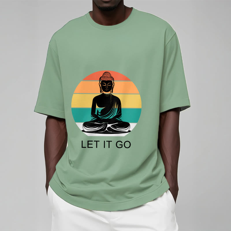Casual Colorful Striped Background Meditating Buddha Pattern Cotton Tee T-Shirt - Image 16