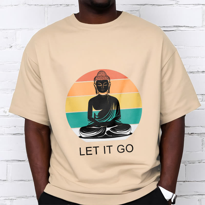 Casual Colorful Striped Background Meditating Buddha Pattern Cotton Tee T-Shirt - Image 12