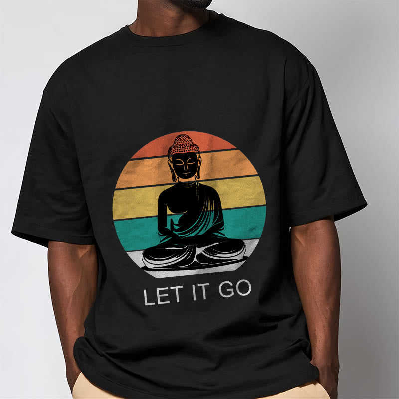 Casual Colorful Striped Background Meditating Buddha Pattern Cotton Tee T-Shirt - Image 5