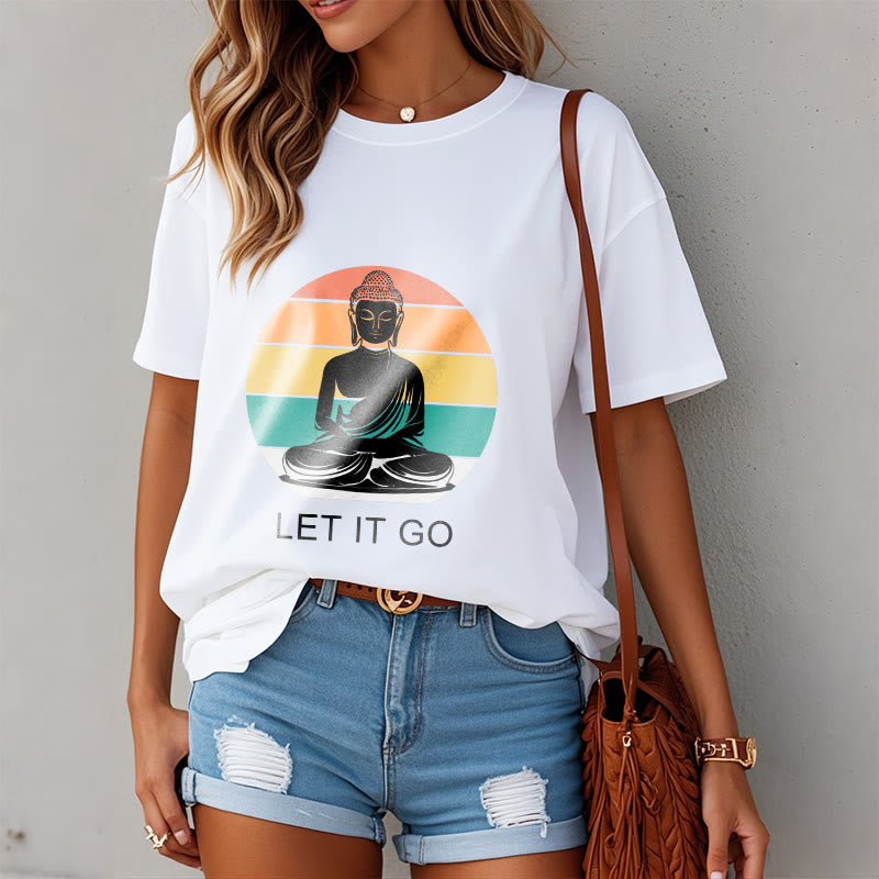 Casual Colorful Striped Background Meditating Buddha Pattern Cotton Tee T-Shirt - Image 10