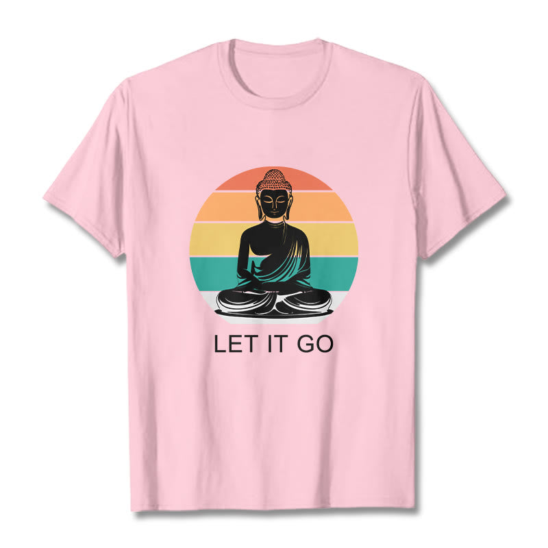 Casual Colorful Striped Background Meditating Buddha Pattern Cotton Tee T-Shirt - Image 13