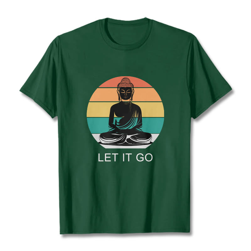 Casual Colorful Striped Background Meditating Buddha Pattern Cotton Tee T-Shirt