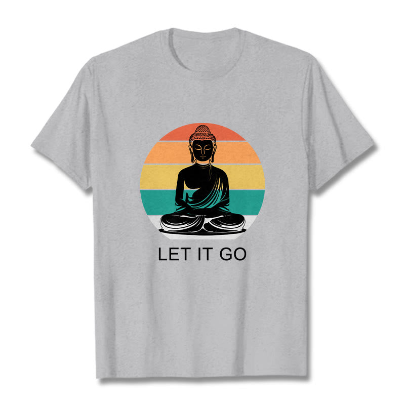 Casual Colorful Striped Background Meditating Buddha Pattern Cotton Tee T-Shirt - Image 20