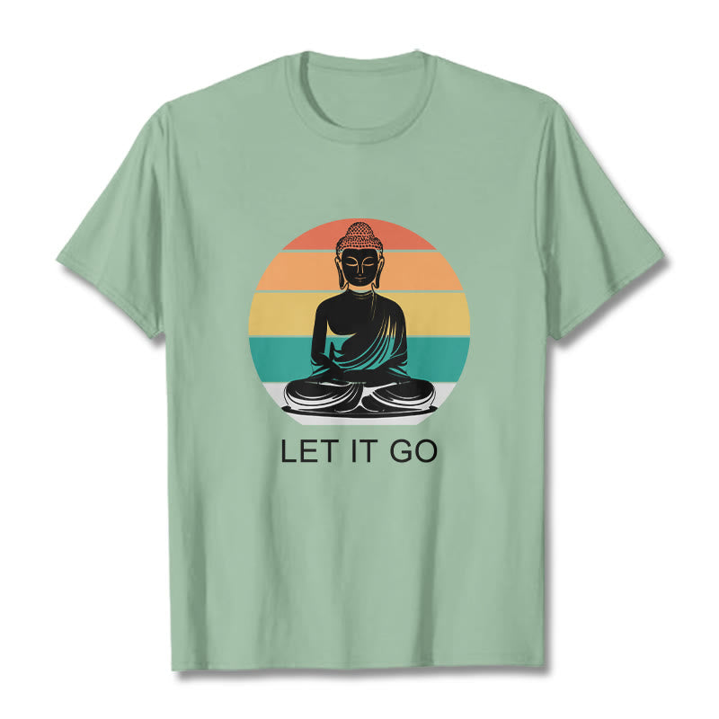 Casual Colorful Striped Background Meditating Buddha Pattern Cotton Tee T-Shirt - Image 15
