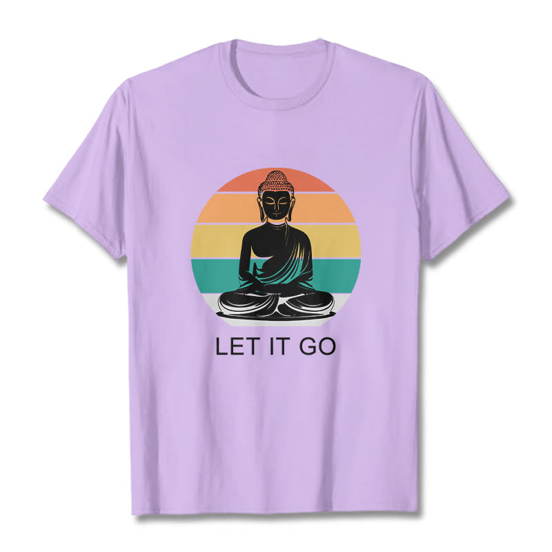 Casual Colorful Striped Background Meditating Buddha Pattern Cotton Tee T-Shirt - Image 17