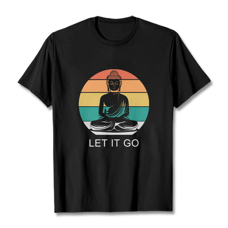 Casual Colorful Striped Background Meditating Buddha Pattern Cotton Tee T-Shirt - Image 4