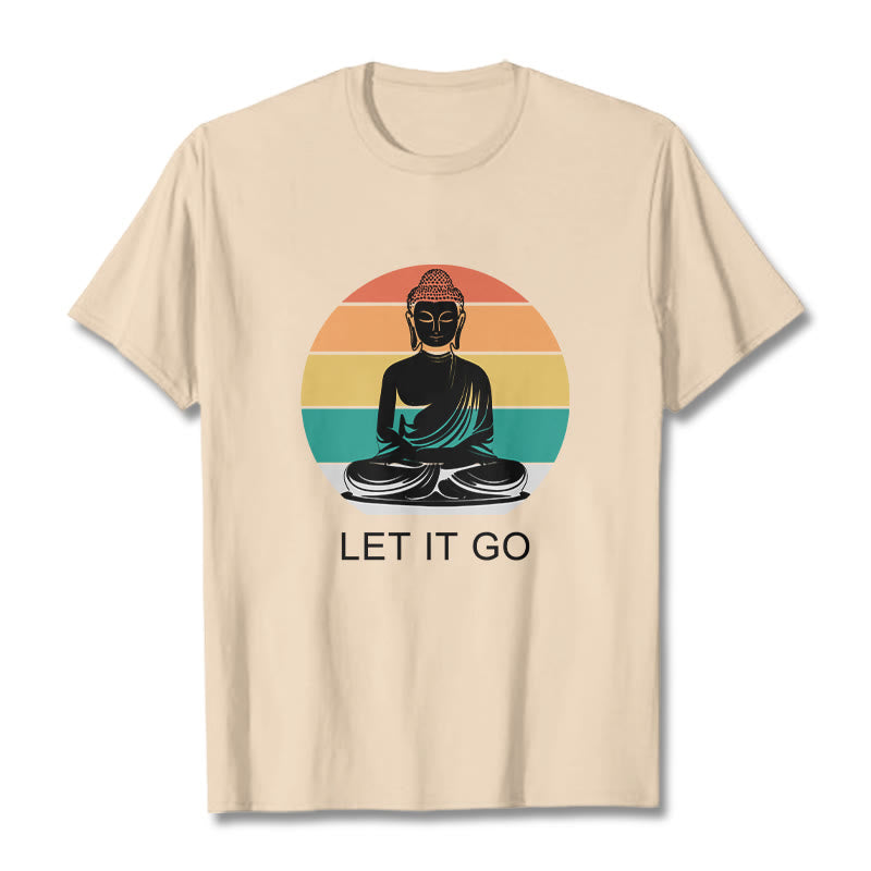 Casual Colorful Striped Background Meditating Buddha Pattern Cotton Tee T-Shirt - Image 11