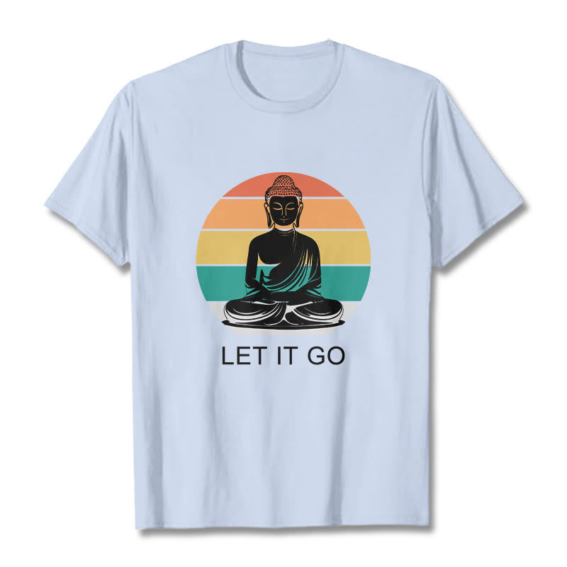Casual Colorful Striped Background Meditating Buddha Pattern Cotton Tee T-Shirt - Image 19