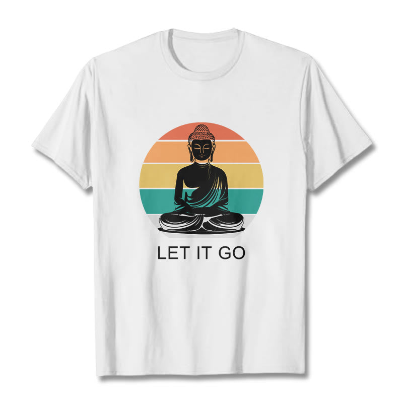 Casual Colorful Striped Background Meditating Buddha Pattern Cotton Tee T-Shirt - Image 8