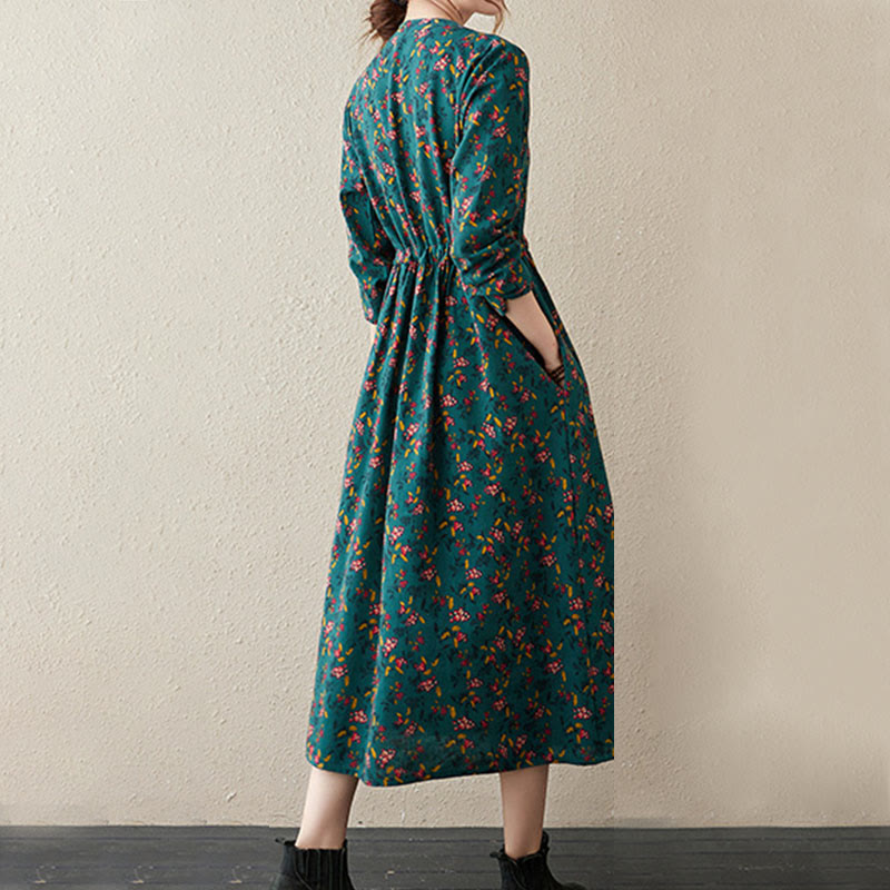 Ethnic Printing Floral Long Sleeve Buttons Design Cotton Linen Midi Dress With Pockets - Image 9