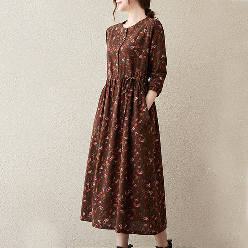 Ethnic Printing Floral Long Sleeve Buttons Design Cotton Linen Midi Dress With Pockets - Image 4