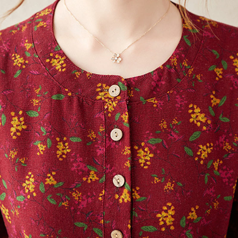 Ethnic Printing Floral Long Sleeve Buttons Design Cotton Linen Midi Dress With Pockets - Image 16