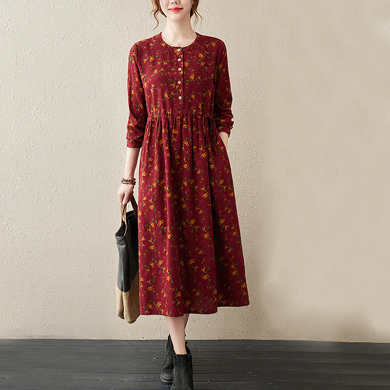 Ethnic Printing Floral Long Sleeve Buttons Design Cotton Linen Midi Dress With Pockets - Image 15