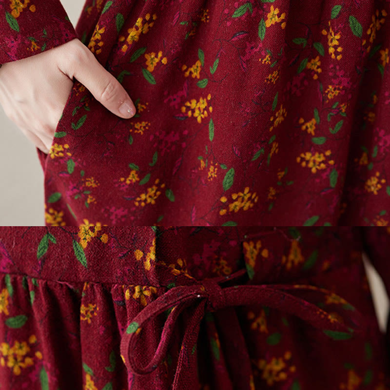 Ethnic Printing Floral Long Sleeve Buttons Design Cotton Linen Midi Dress With Pockets - Image 19