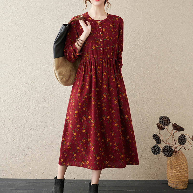 Ethnic Printing Floral Long Sleeve Buttons Design Cotton Linen Midi Dress With Pockets - Image 13