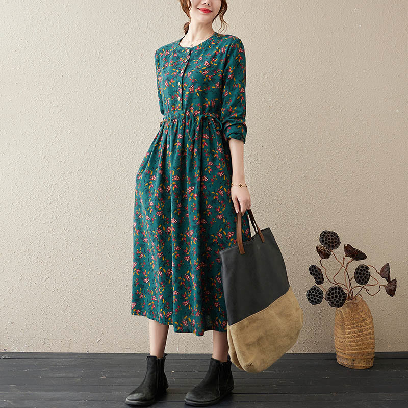 Ethnic Printing Floral Long Sleeve Buttons Design Cotton Linen Midi Dress With Pockets - Image 6