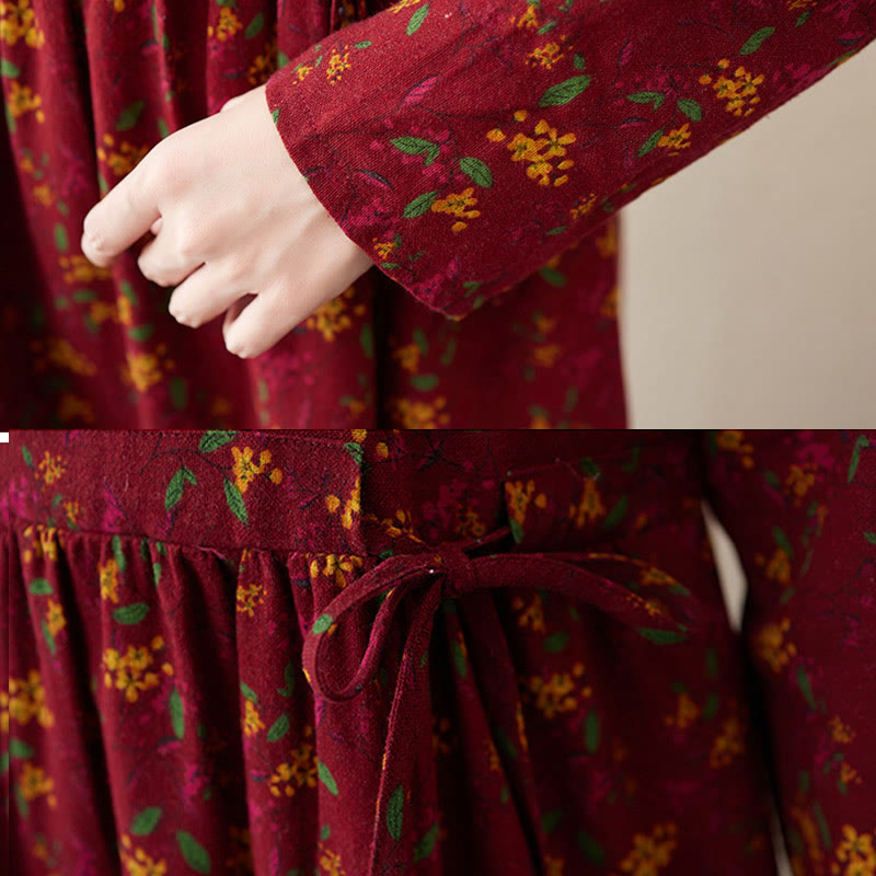 Ethnic Printing Floral Long Sleeve Buttons Design Cotton Linen Midi Dress With Pockets - Image 18