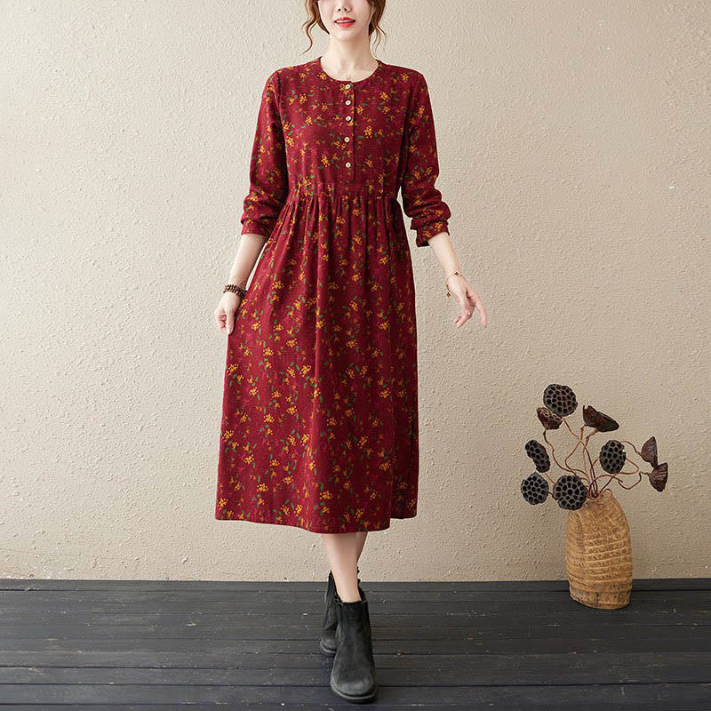 Ethnic Printing Floral Long Sleeve Buttons Design Cotton Linen Midi Dress With Pockets - Image 11