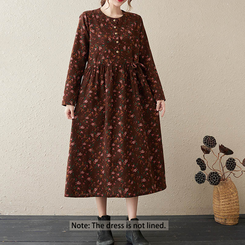 Ethnic Printing Floral Long Sleeve Buttons Design Cotton Linen Midi Dress With Pockets - Image 2