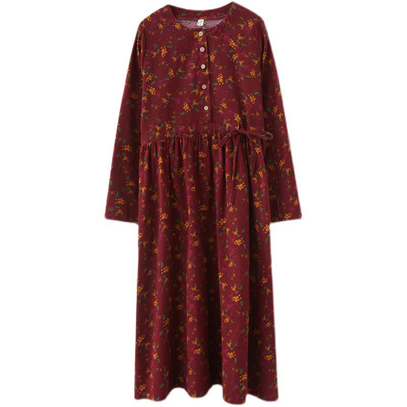 Ethnic Printing Floral Long Sleeve Buttons Design Cotton Linen Midi Dress With Pockets - Image 21