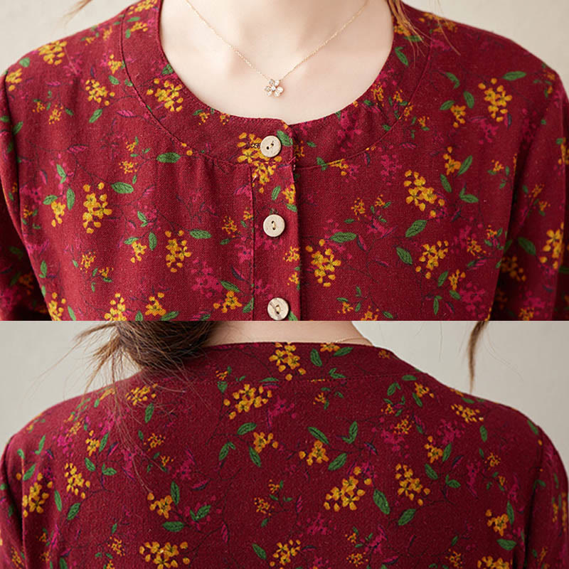 Ethnic Printing Floral Long Sleeve Buttons Design Cotton Linen Midi Dress With Pockets - Image 17