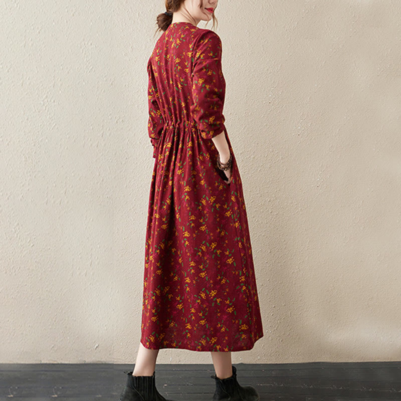 Ethnic Printing Floral Long Sleeve Buttons Design Cotton Linen Midi Dress With Pockets - Image 14
