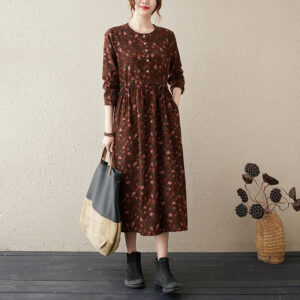 Ethnic Printing Floral Long Sleeve Buttons Design Cotton Linen Midi Dress With Pockets