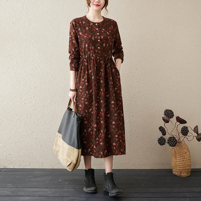 Ethnic Printing Floral Long Sleeve Buttons Design Cotton Linen Midi Dress With Pockets