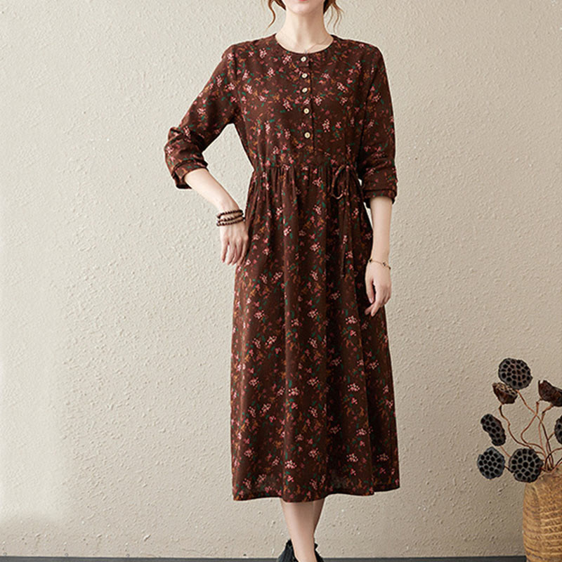 Ethnic Printing Floral Long Sleeve Buttons Design Cotton Linen Midi Dress With Pockets - Image 3