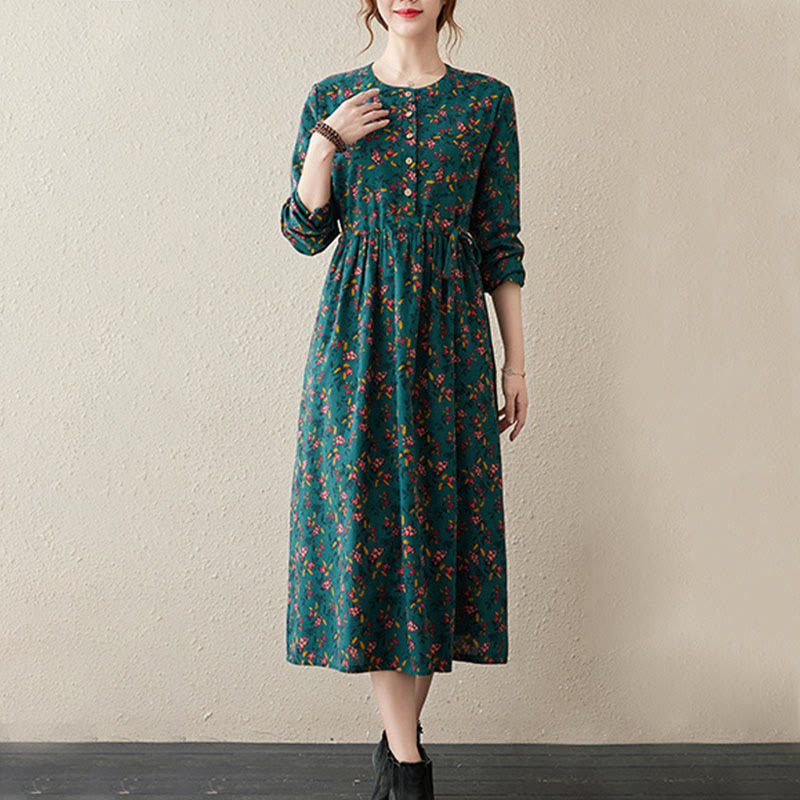 Ethnic Printing Floral Long Sleeve Buttons Design Cotton Linen Midi Dress With Pockets - Image 8