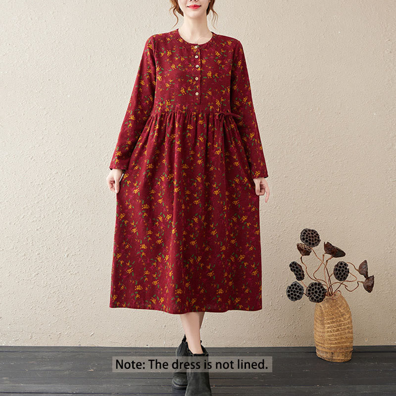 Ethnic Printing Floral Long Sleeve Buttons Design Cotton Linen Midi Dress With Pockets - Image 12