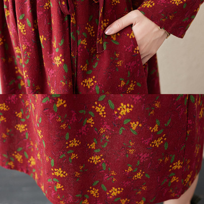 Ethnic Printing Floral Long Sleeve Buttons Design Cotton Linen Midi Dress With Pockets - Image 20