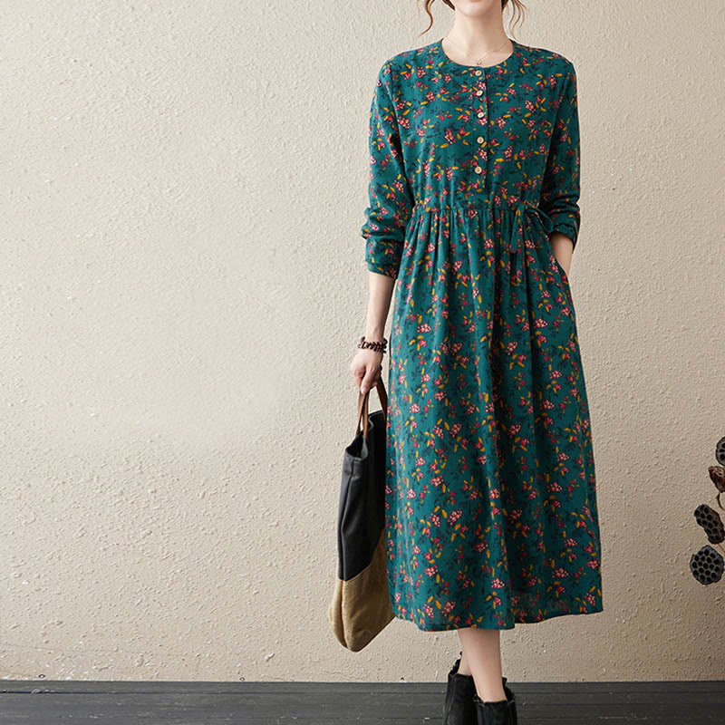 Ethnic Printing Floral Long Sleeve Buttons Design Cotton Linen Midi Dress With Pockets - Image 10