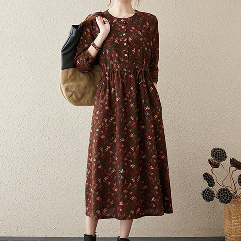 Ethnic Printing Floral Long Sleeve Buttons Design Cotton Linen Midi Dress With Pockets - Image 5