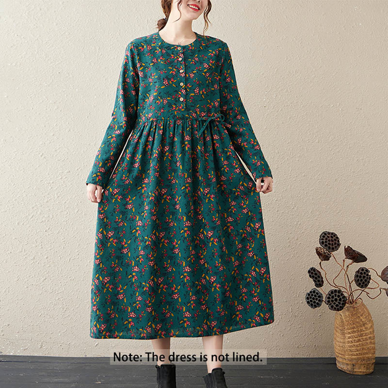 Ethnic Printing Floral Long Sleeve Buttons Design Cotton Linen Midi Dress With Pockets - Image 7