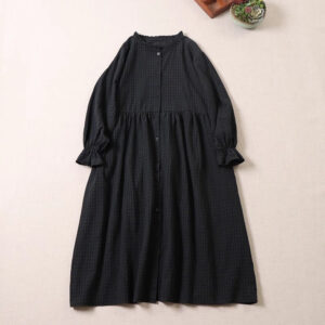 Long Sleeve Plaid Simple Buttons Ruffled Design Cotton Linen Midi Dress With Pockets