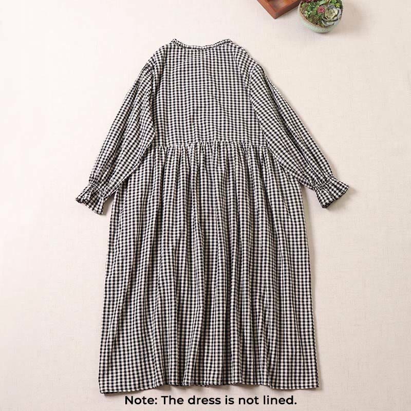 Long Sleeve Plaid Simple Buttons Ruffled Design Cotton Linen Midi Dress With Pockets - Image 8