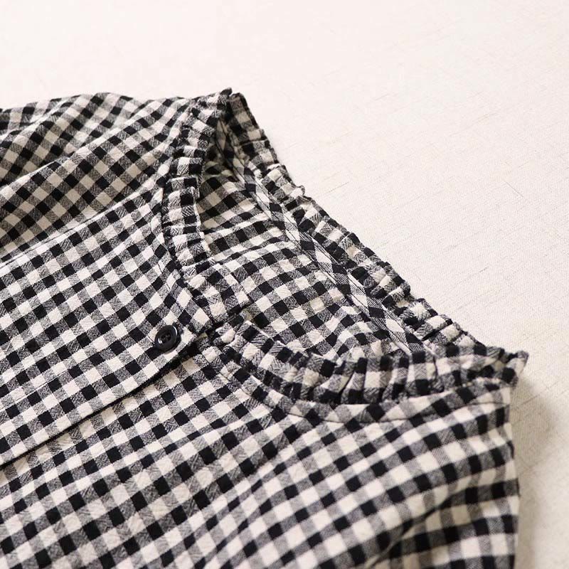 Long Sleeve Plaid Simple Buttons Ruffled Design Cotton Linen Midi Dress With Pockets - Image 12