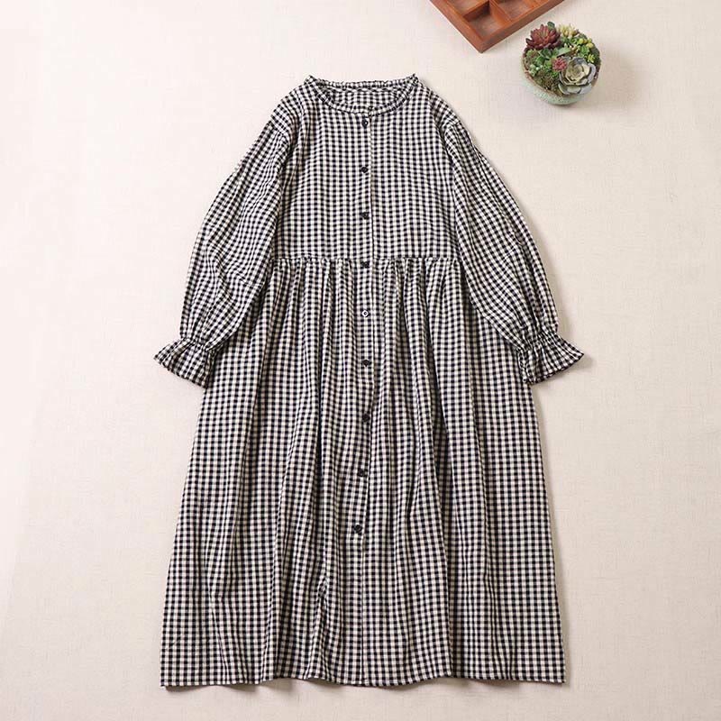 Long Sleeve Plaid Simple Buttons Ruffled Design Cotton Linen Midi Dress With Pockets - Image 7