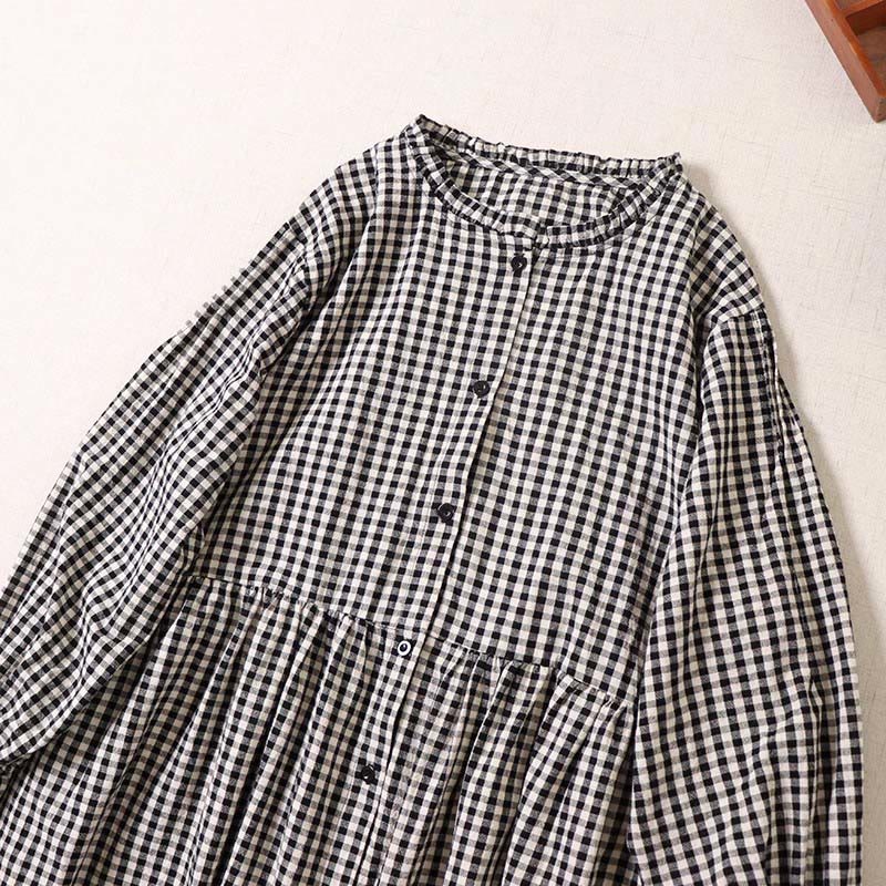 Long Sleeve Plaid Simple Buttons Ruffled Design Cotton Linen Midi Dress With Pockets - Image 9