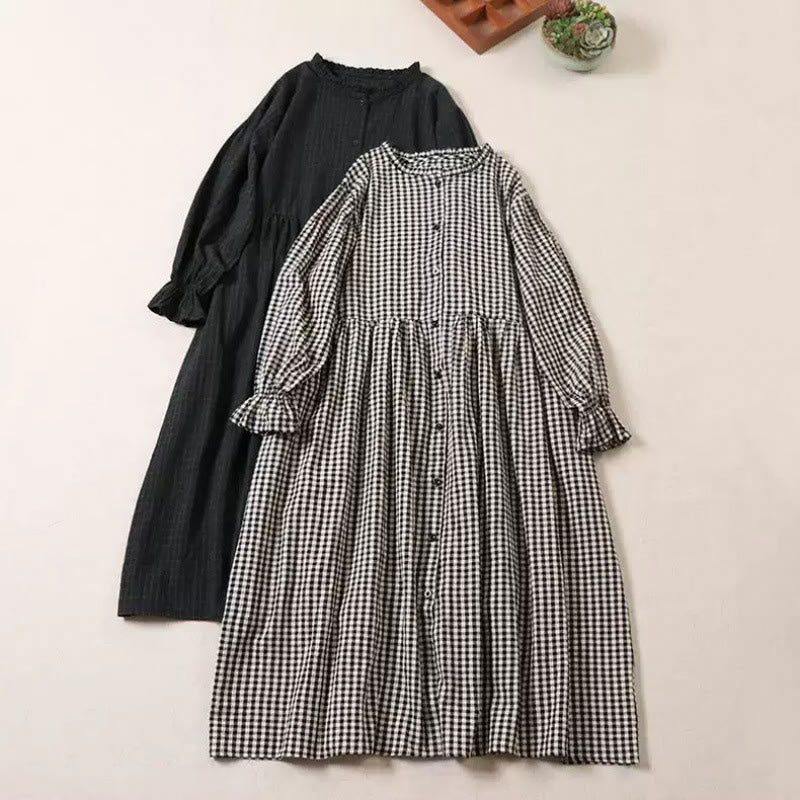 Long Sleeve Plaid Simple Buttons Ruffled Design Cotton Linen Midi Dress With Pockets - Image 21