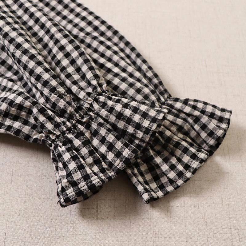 Long Sleeve Plaid Simple Buttons Ruffled Design Cotton Linen Midi Dress With Pockets - Image 18