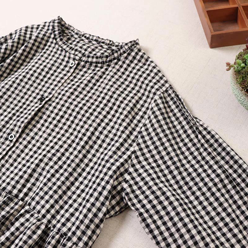 Long Sleeve Plaid Simple Buttons Ruffled Design Cotton Linen Midi Dress With Pockets - Image 13
