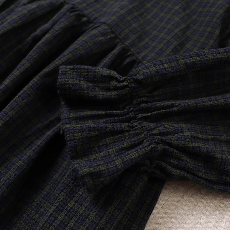 Long Sleeve Plaid Simple Buttons Ruffled Design Cotton Linen Midi Dress With Pockets - Image 6